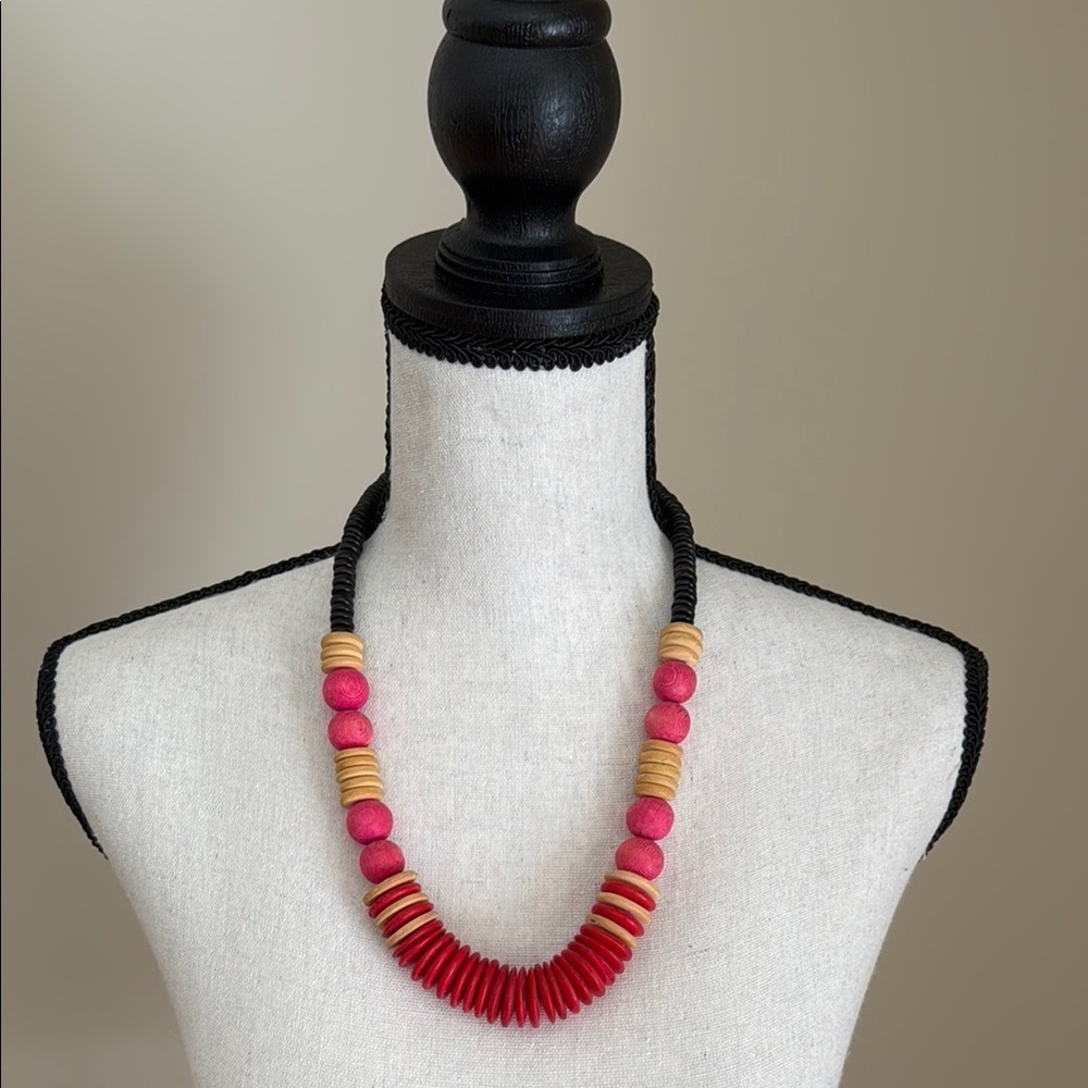 Vintage Chunky Pink Black Natural Boho Abstract Wood Beads Necklace